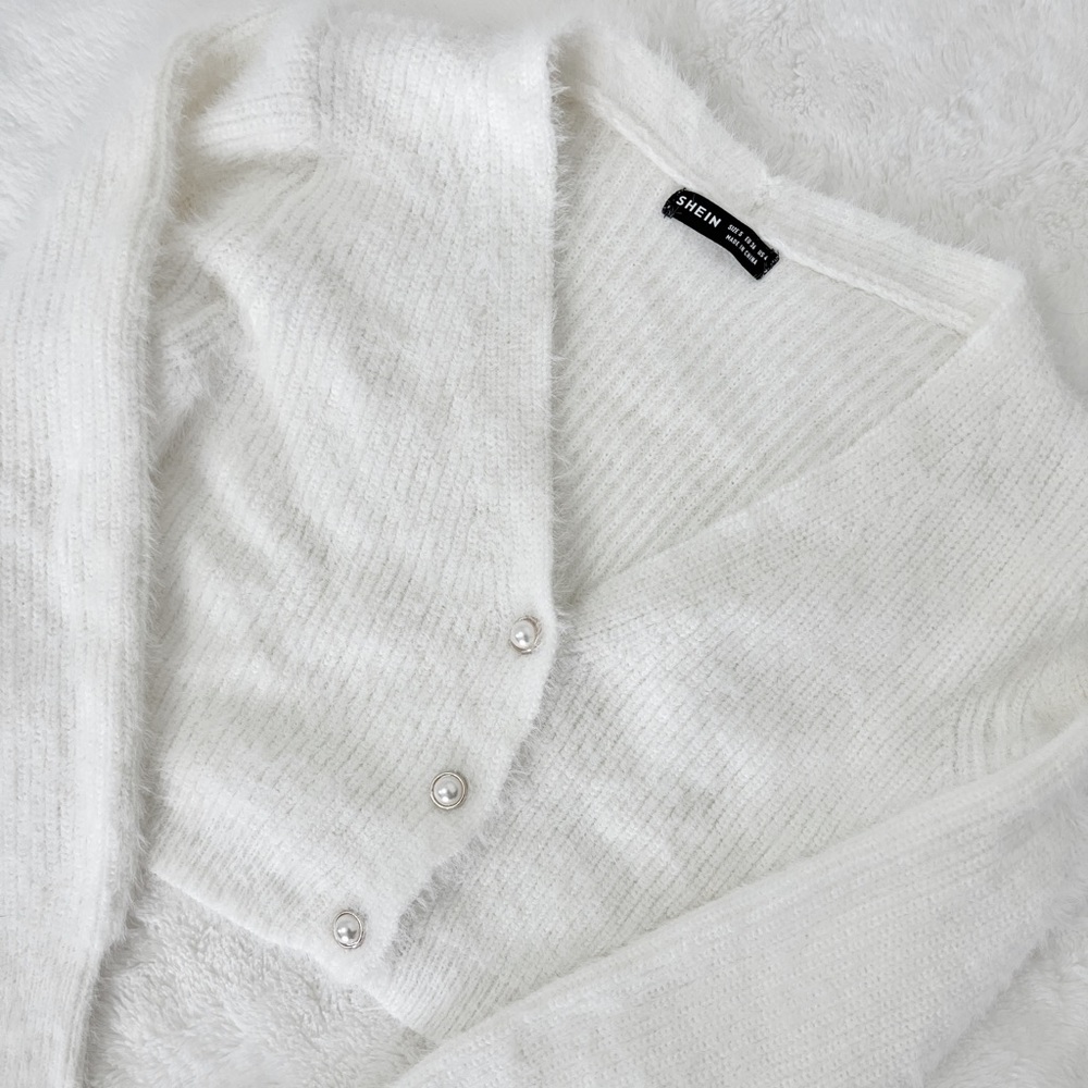 Fuzzy White Cropped Sweater Top Pearl Buttons